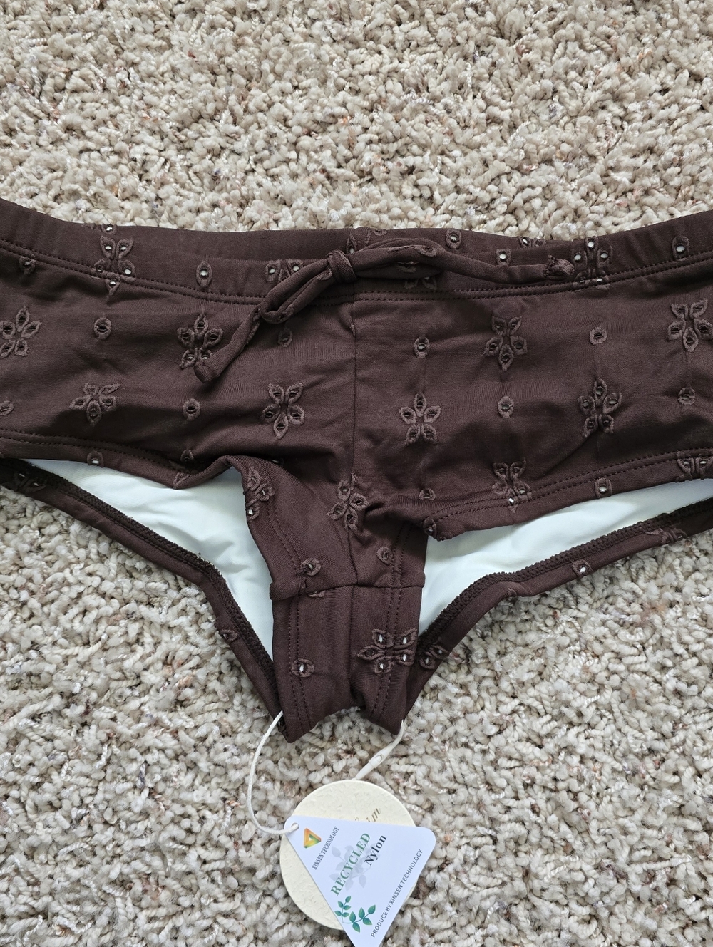 NWT SeaMolly Cheeky Boyshort Brown Eyelit Flower Bikini Bottoms - Small